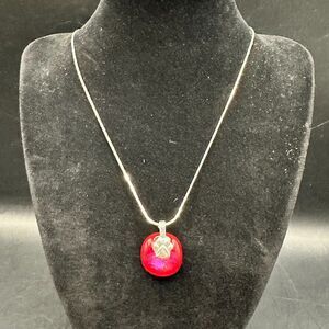 Girls Silver Necklace Dog Paw Print Hot Pink Resin Pendant 15 inches Animal